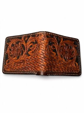 Hand-Tooled Leather Bifold Wallet Basketweave Design Brown floral